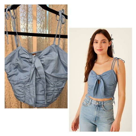 Free People Tops - Free People Blue‎ Ruched Tie-Front Crop Top Size XS